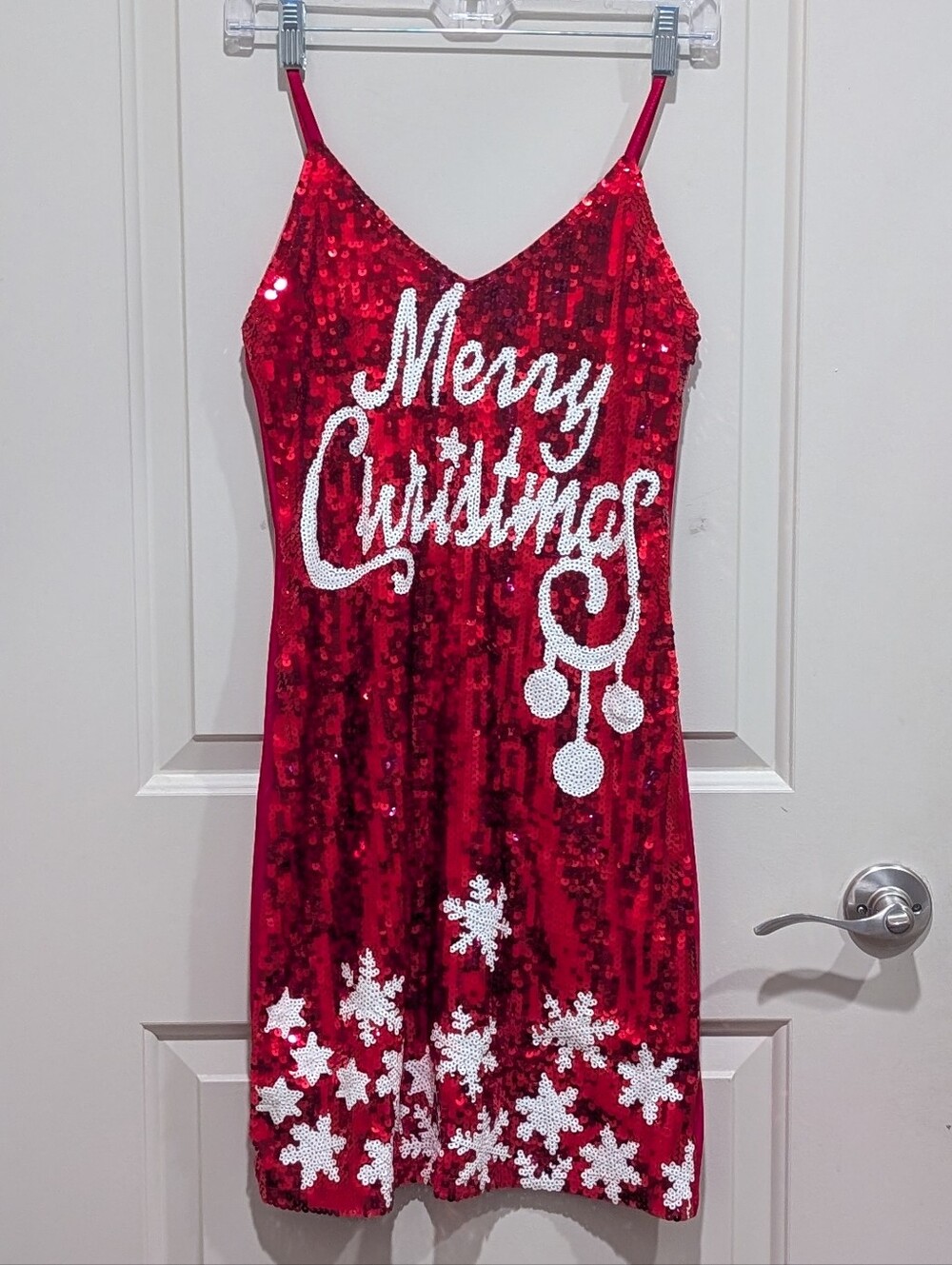 Red Sequin Holiday Slip Dress with 'Merry Christmas' Embellishment